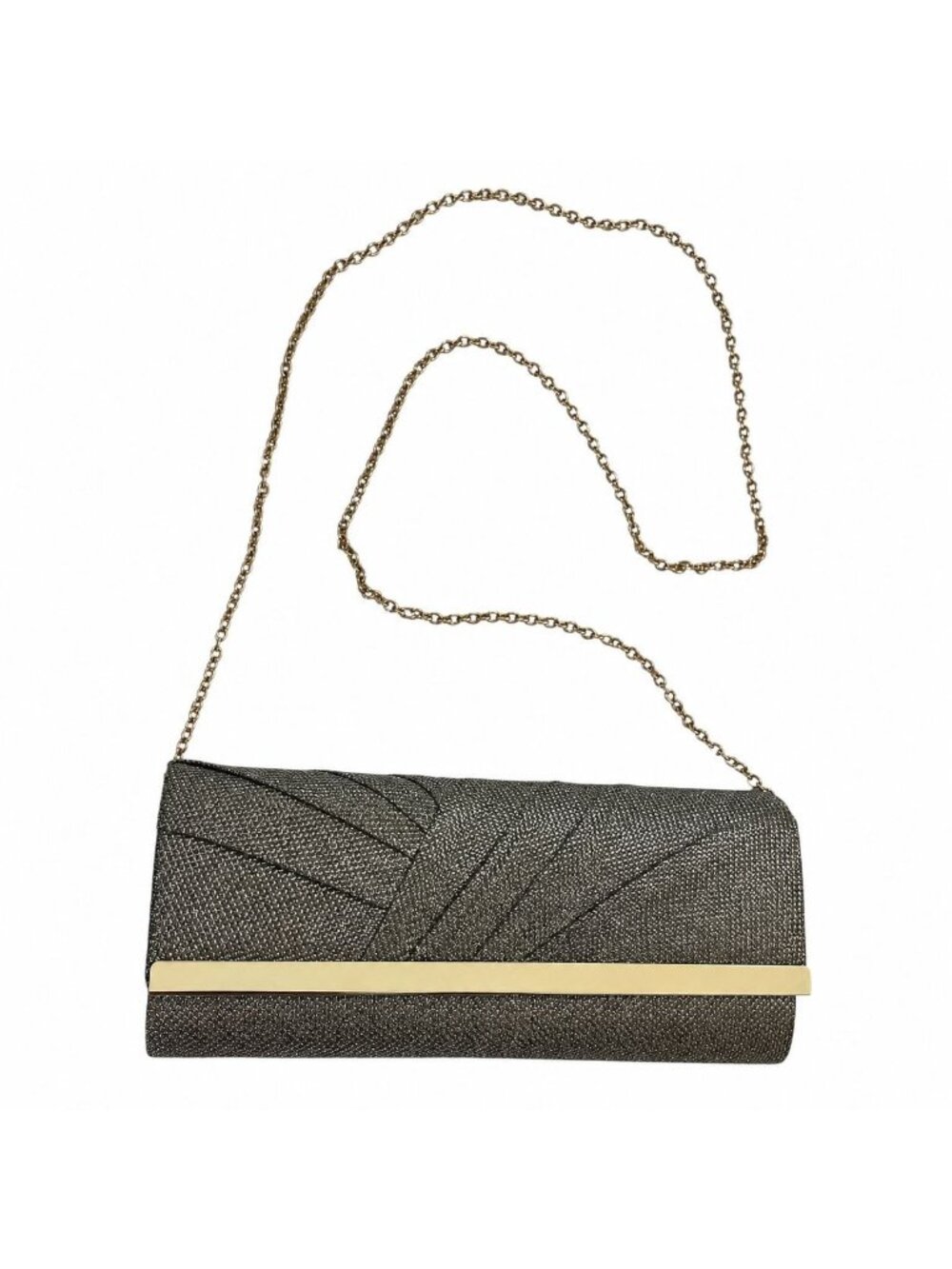 Jessica McClintock Metallic Gray Gold Shimmer Evening Clutch Purse Chain Strap